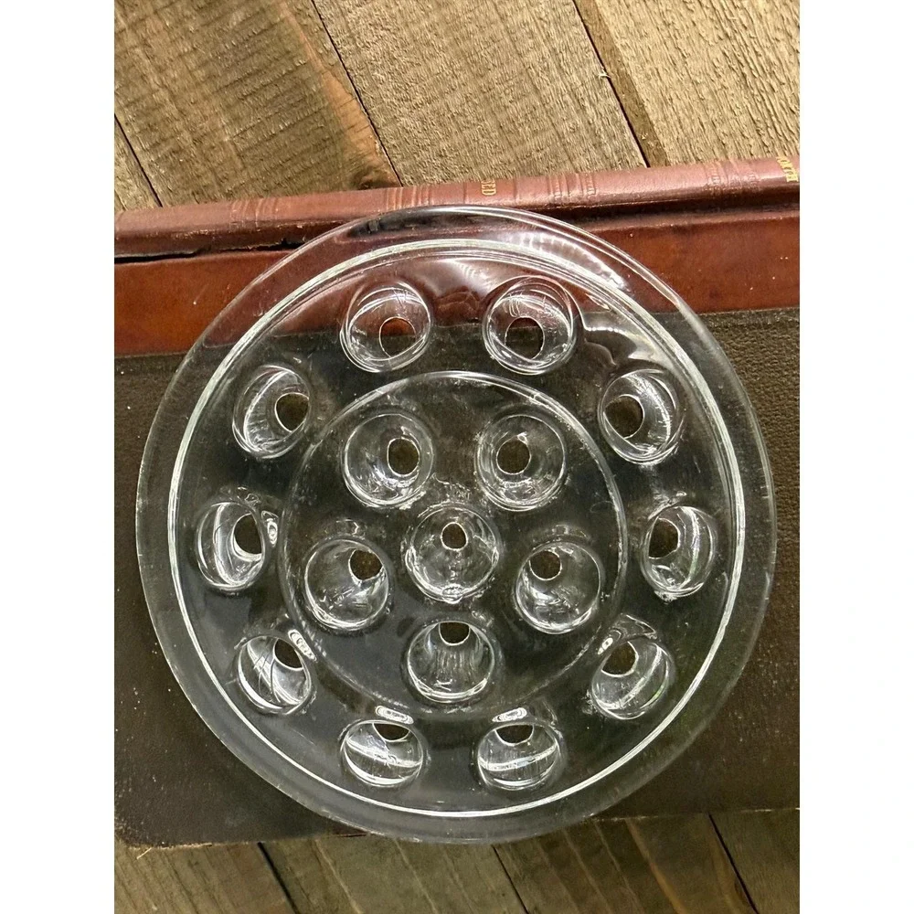 Vintage Clear Glass 16 Hole Flower Frog 5 Inch Round Floral Arranger